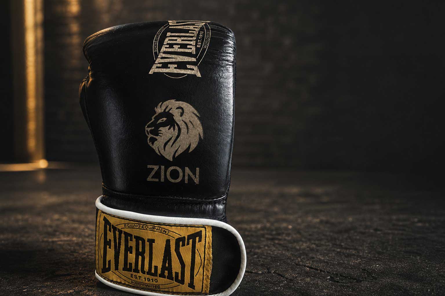 Guantone da boxe nero Everlast personalizzato con un leone e il nome Zion incisi